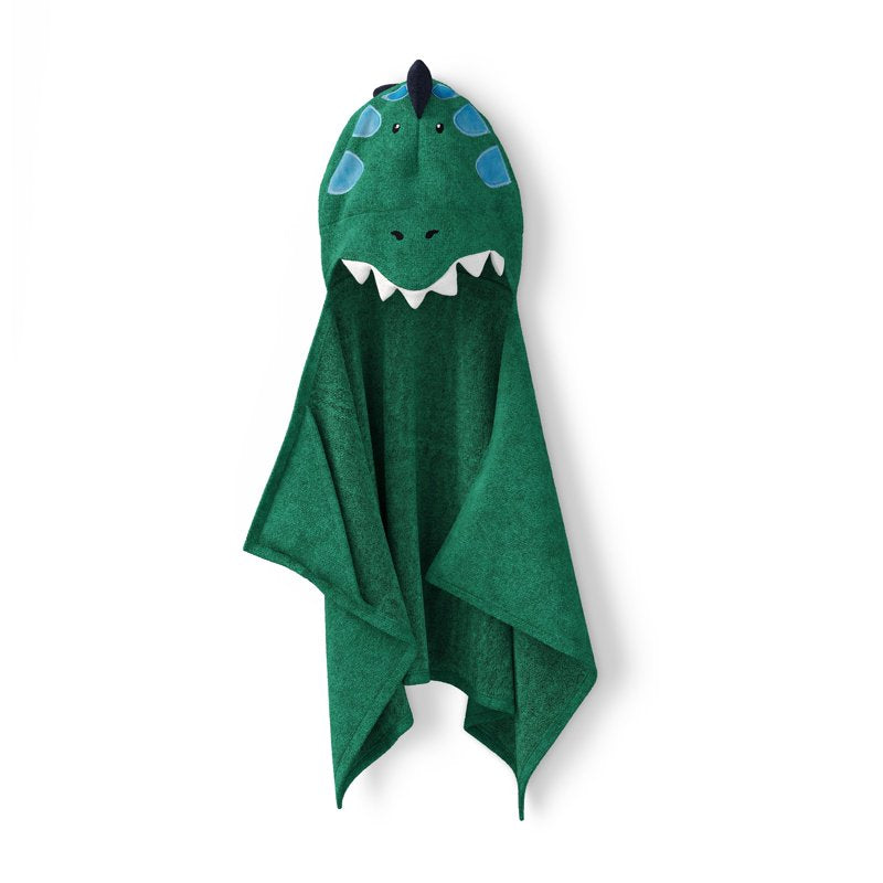 Kids Hooded Cotton Terry Bath Towel - Green Dino, 25x50 Inches