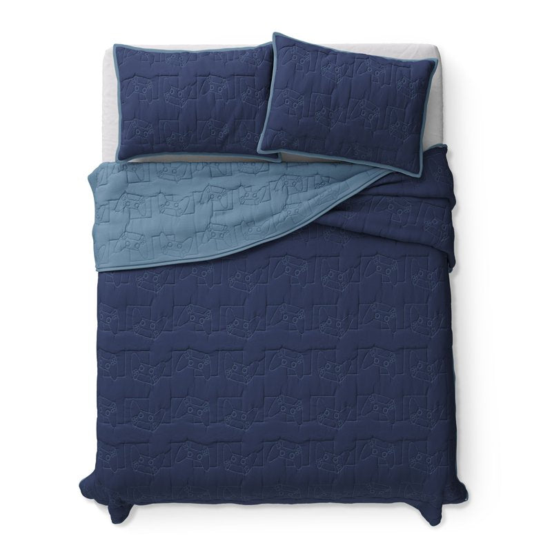 Mainstays Kids Reversible Stitch Quilt Set - Full/Queen, Blue, 3 Pieces