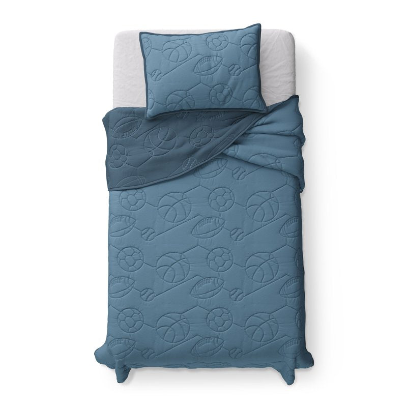Kids Reversible Twin Quilt Set - Blue and Green Stripe Bedding with Pillow Sham