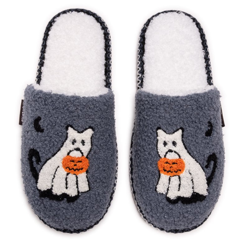 Women's Punch Needle Slippers - Halloween Fall Novelty Slouch Shoes - Grey Cat S (5-6)