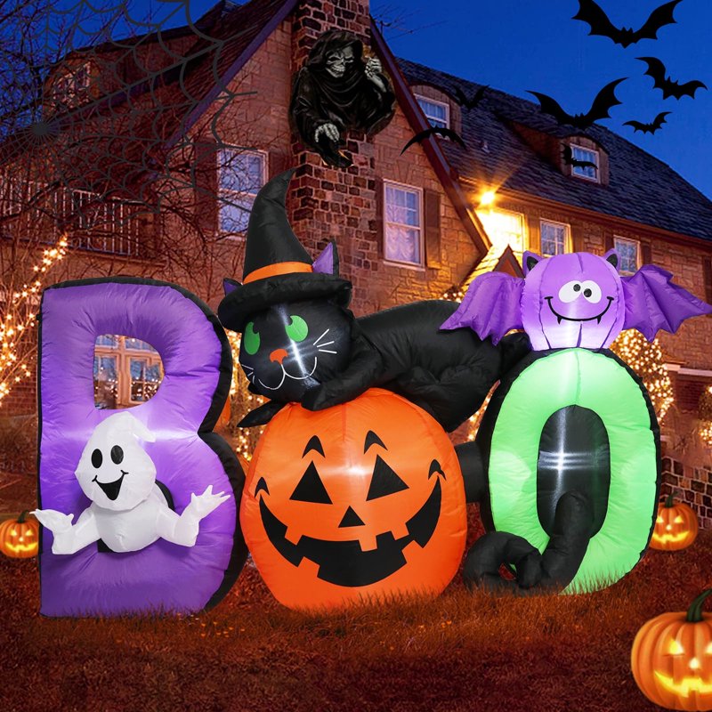 Halloween Inflatable Yard Decoration 6 Ft Pumpkin Ghost Black Cat & Bat Lighted