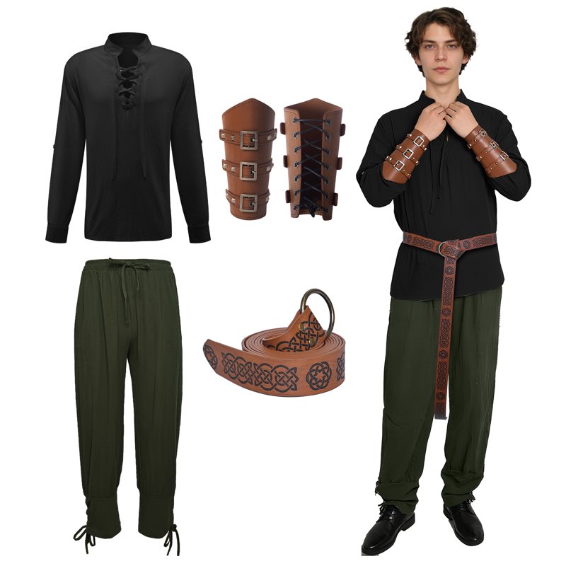 Men's Medieval Pirate Costume Set - Renaissance Shirt & Ankle Banded Pants, Halloween Cosplay, XL