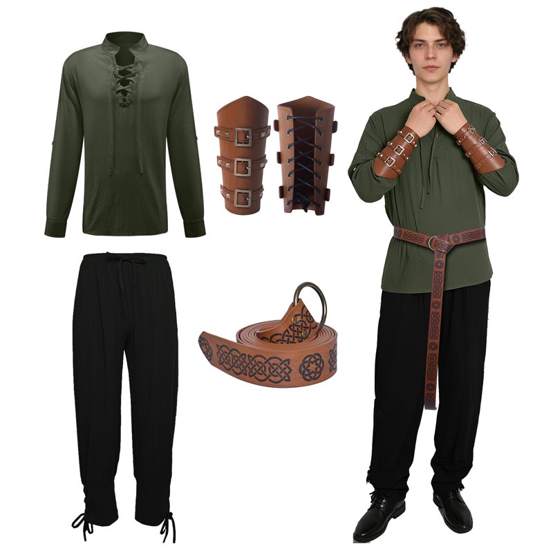 Men's Renaissance Pirate Costume Set - Medieval Shirt & Ankle Banded Pants, Green, M