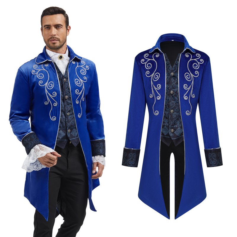 Men's Medieval Steampunk Tailcoat Jacket - Gothic Victorian Frock Coat, Blue, Small