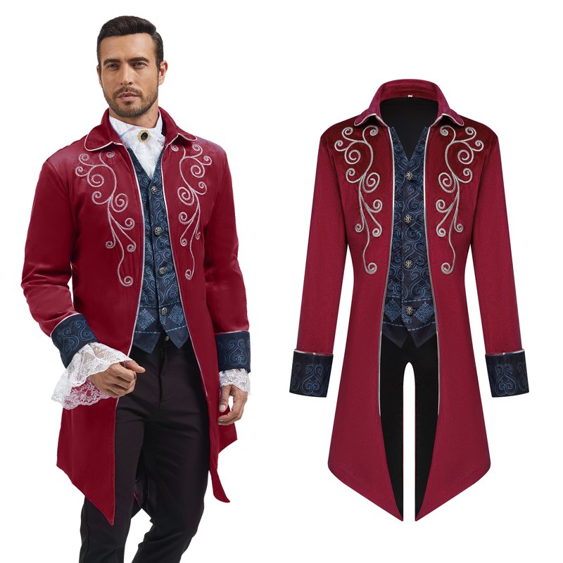 Men's Medieval Steampunk Tailcoat Jacket - Gothic Victorian Frock Coat, Red, XL