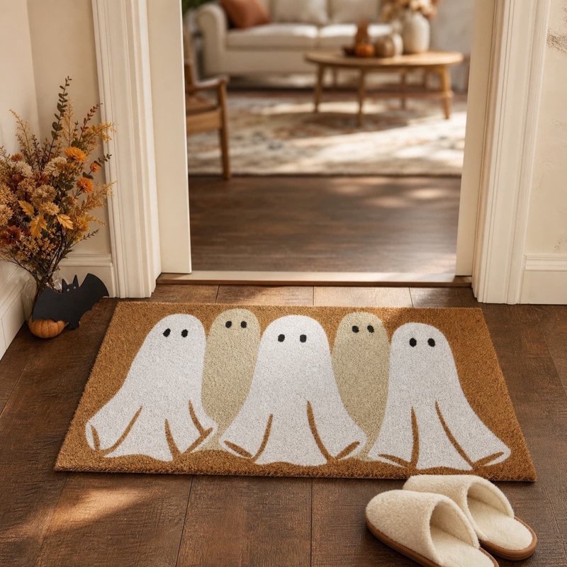 Halloween Ghost Doormat 18x30 Inch Rustic Coir Floor Rug Non-Slip Entryway Decor