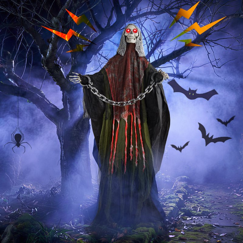 6ft Red Ghost Skeleton Halloween Decor - Outdoor Spooky Ghost, Sound-Activated & Poseable for Yard & Porch