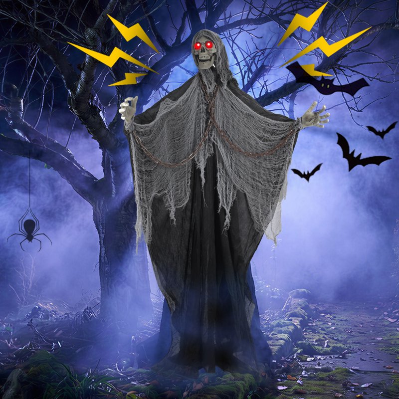 6ft Ghost Skeleton Halloween Outdoor Decor - Sound-Activated Porch Yard Decoration, Grey