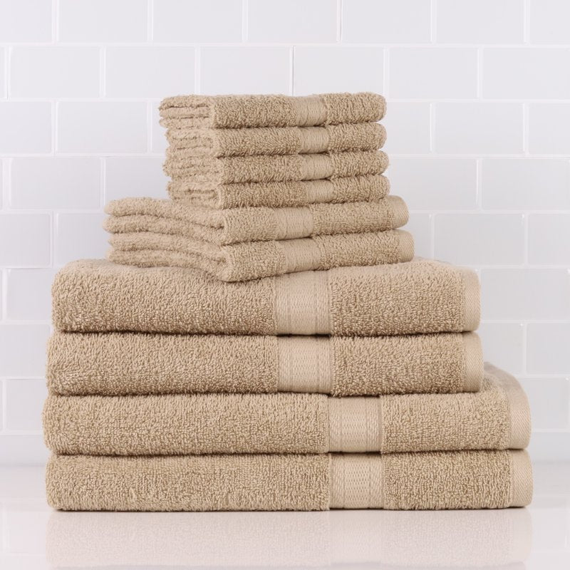 Beige 10-Piece Cotton Bath Towel Set - Soft, Absorbent, Includes Towels & Washcloths