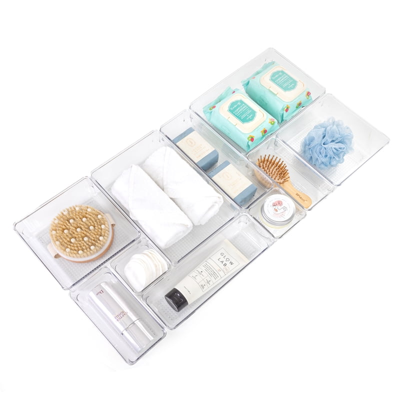 10-Piece Clear Plastic Bathroom Organizer Set - Modular Storage for Vanity and Drawers