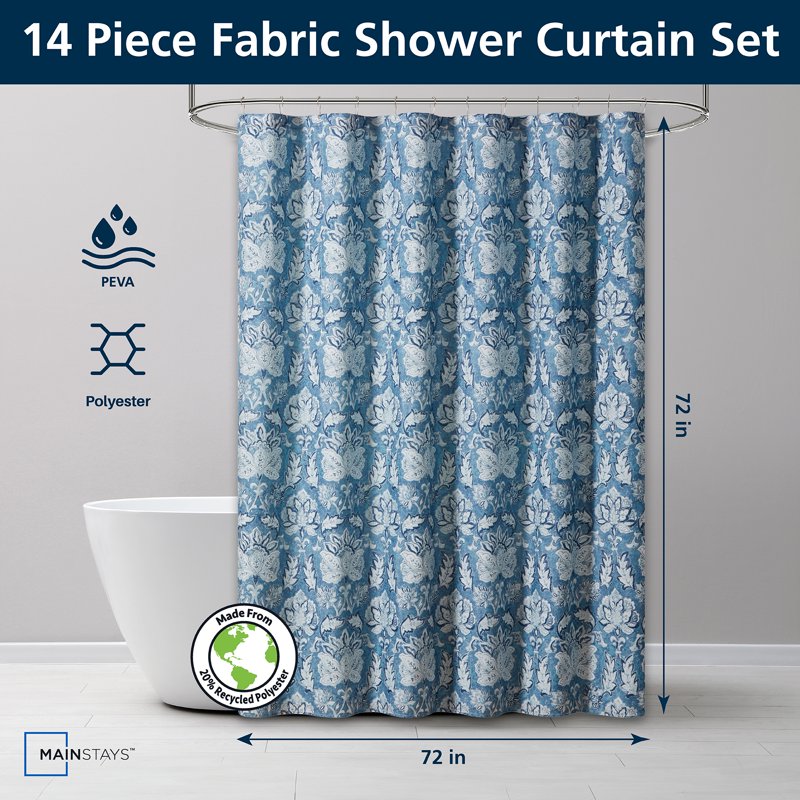Blue Medallion Shower Curtain Set with PEVA Liner & Metal Hooks - 72x72 Inches