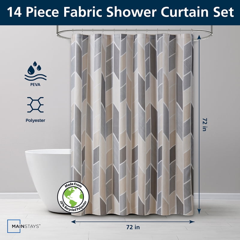 Fabric Shower Curtain Set with PEVA Liner & Hooks - Natural Geometric Design, 72x72 Inches