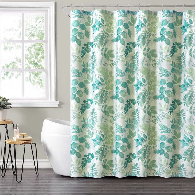 14-Piece Green Floral Shower Curtain Set with Hooks & Liner – 72x72 Inches