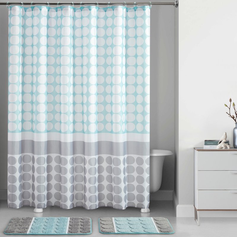 Mainstays 15-Piece Blue Geometric Shower Curtain Bath Set with Rugs