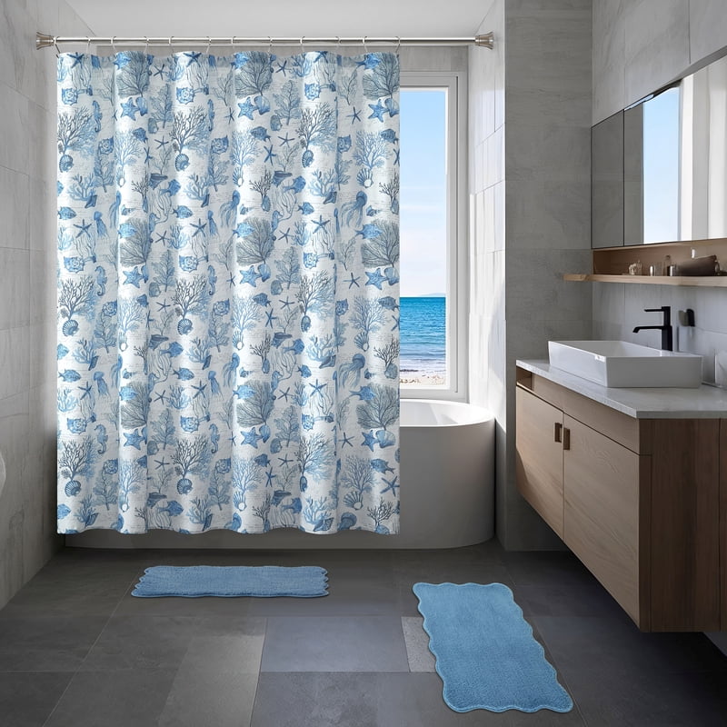 15-Piece Coastal Bathroom Shower Set with Curtain, Hooks & Rugs