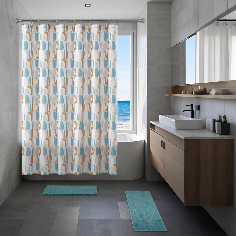 15-Piece Shower Curtain Set with Bath Rugs & Hooks - Green Geometric Design