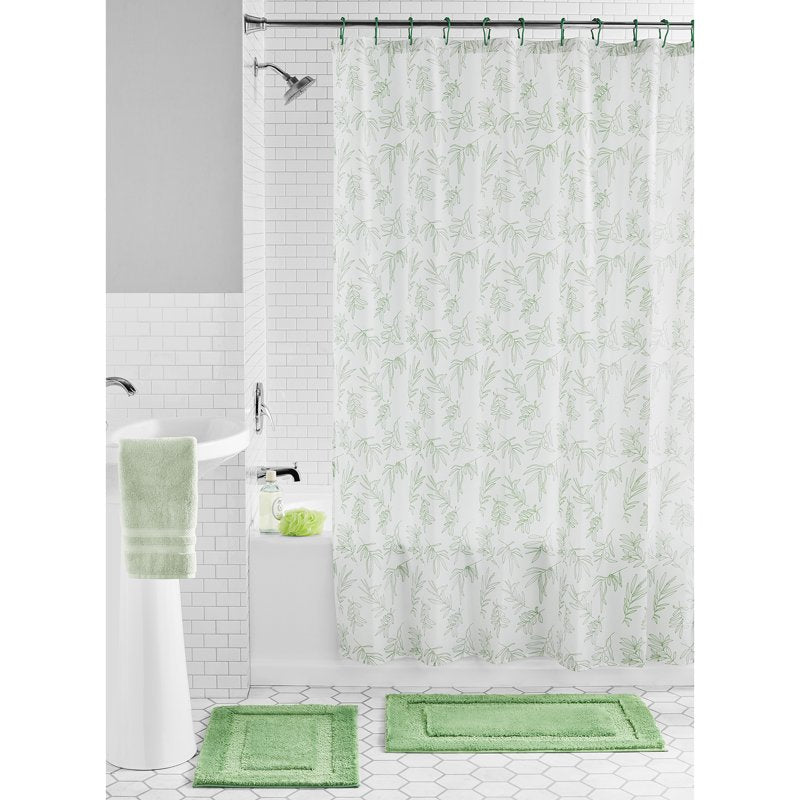Shower Curtain Set with Hooks and Bath Rugs - Green Leaves Print 15-Piece