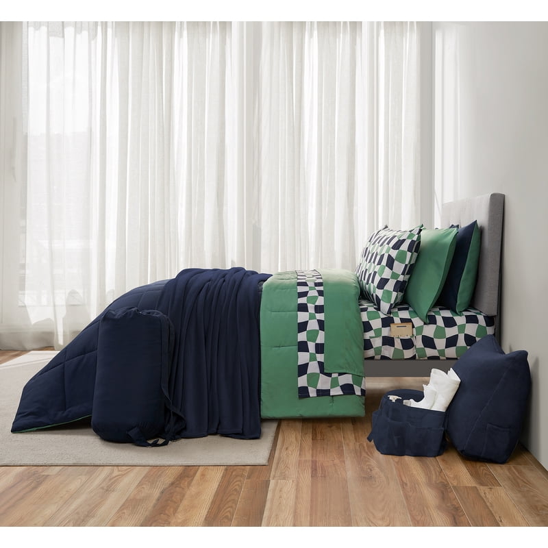 Queen Reversible Bed in a Bag Comforter Set for Dorms - Navy, 17 Pieces