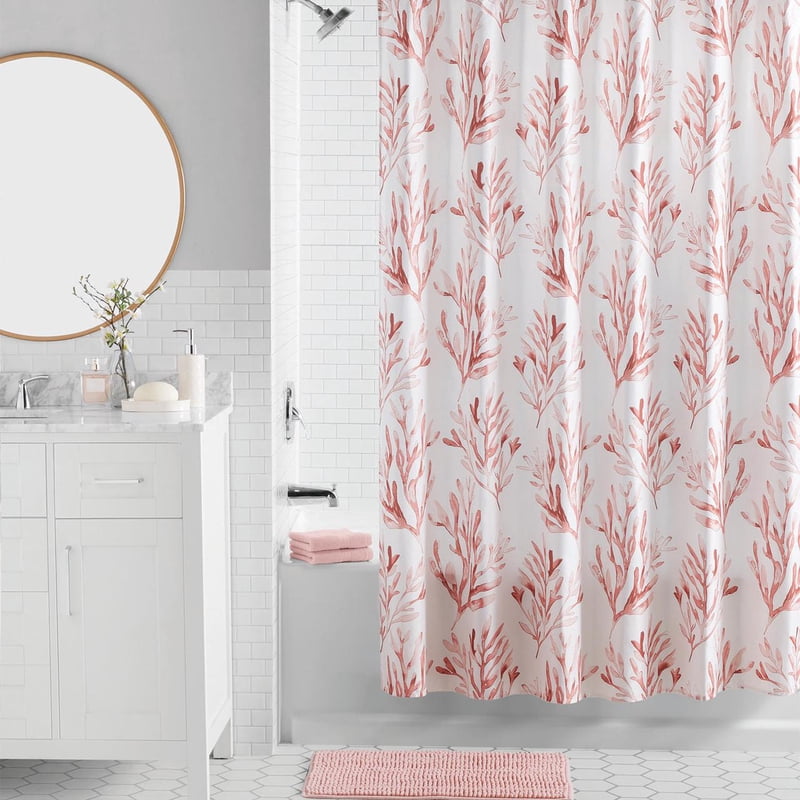 16-Piece Bathroom Set with Shower Curtain Rug Soap Dispenser and Hooks - Pink Coastal Botanical