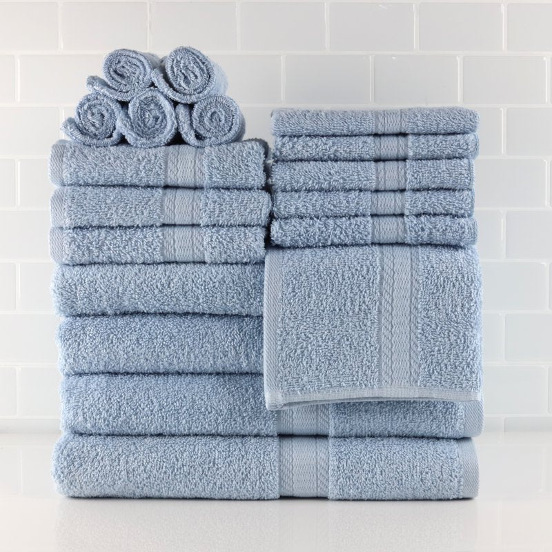 Blue 18-Piece Bath Towel Set - Cotton, Includes Bath, Hand & Washcloths