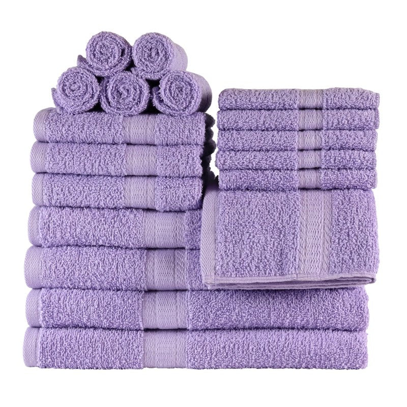 Bath Towel Set with Washcloths - 18 Piece Cotton Towels in Lavender - Soft & Absorbent