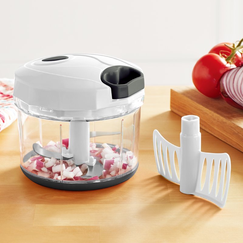 Quick Pull Chopper - 1qt, BPA-Free, Stainless Steel Blades, White & Grey