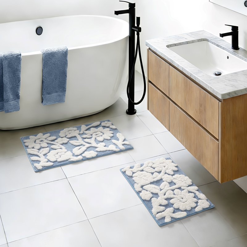 Blue Floral Bath Rug Set - 2-Piece Bathroom Mat Collection, 17x24 & 20x30 Inches