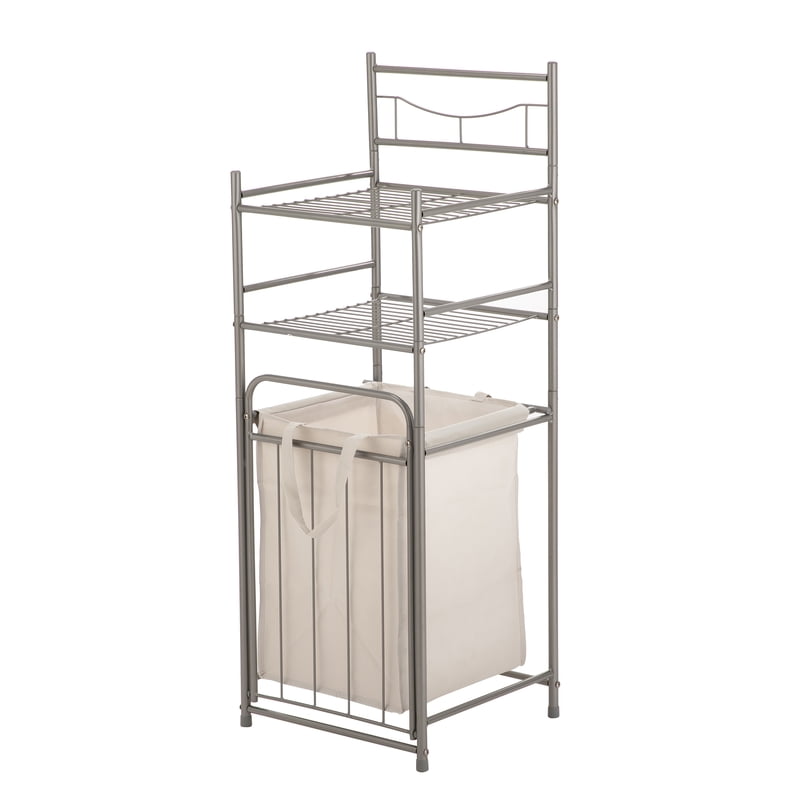 Bathroom Storage Tower with Shelves and Removable Hamper - Satin Nickel Finish
