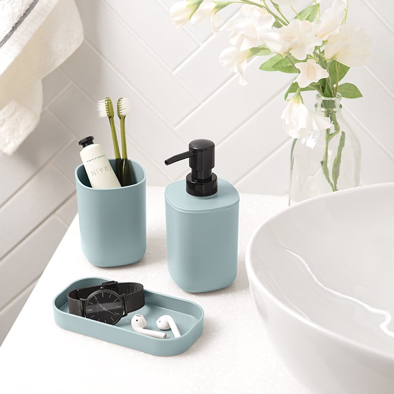 Mainstays Blue 3-Piece Bathroom Sink Set - Soap Pump Tumbler & Dish