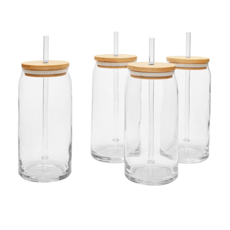 Briar Can Glass Drinkware Set - 20 oz, Set of 4 with Lids & Straws