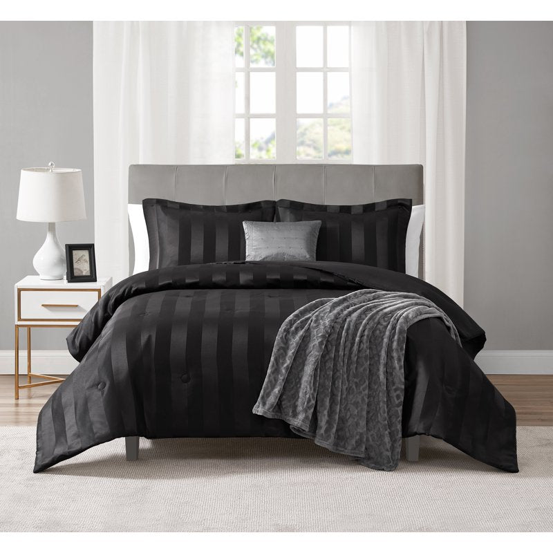 King Damask Stripe Comforter Set - Reversible Black Bedding with Pillows & Throw
