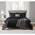 King Damask Stripe Comforter Set - Reversible Black Bedding with Pillows & Throw