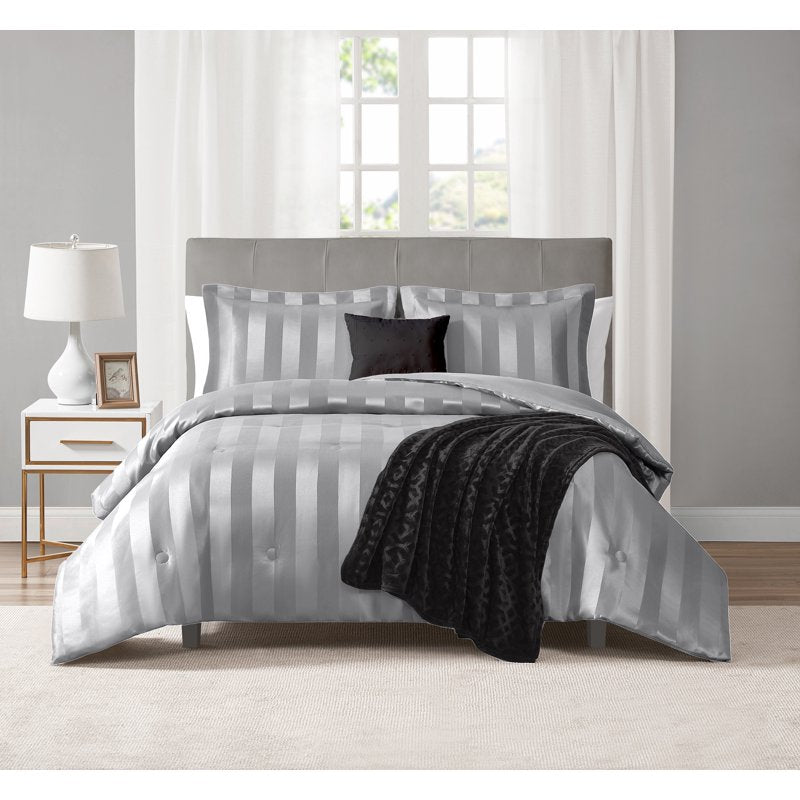 Mainstays 5-Piece Damask Stripe Comforter Set - Full/Queen, Silver