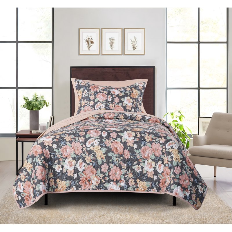 Twin/Twin-XL All-in-One Lightweight Quilt and Sheet Set - Gray Floral