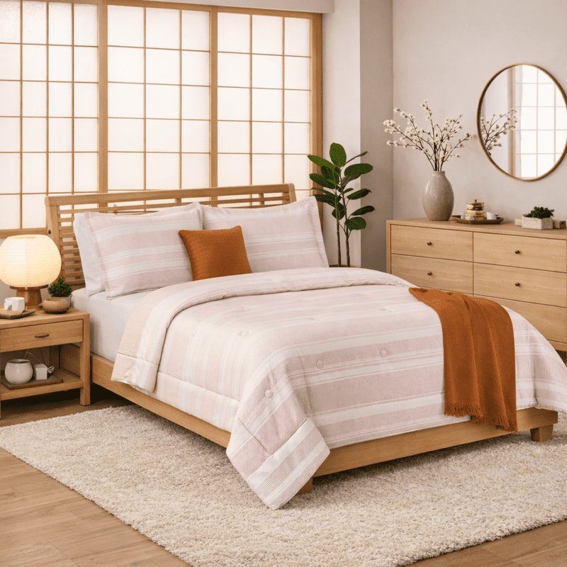Full/Queen Jacquard Comforter Set - Reversible Block Stripe Bedding - Pinkish Tan & White, Striped-Rust Variation