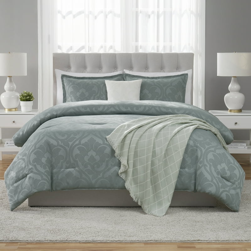 Full/Queen Sage Jacquard Comforter Set - 5 Piece Bed Bedding with Decorative Pillow & Fringe Throw