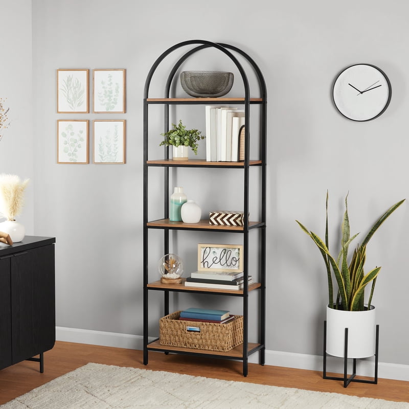 5-Shelf Metal and Wood Open Bookcase - Warm Walnut Finish
