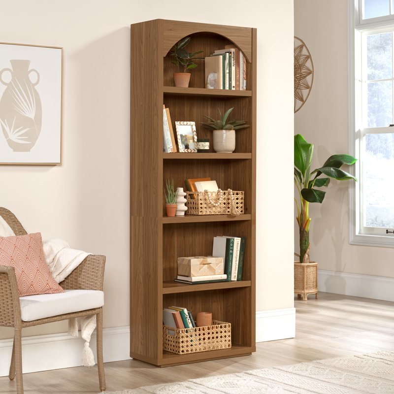 5-Shelf Arch Bookcase with Adjustable Shelves - Warm Walnut