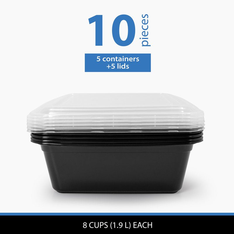 8-Cup Tall Square Meal Prep Containers - 10-Piece Set with Lids