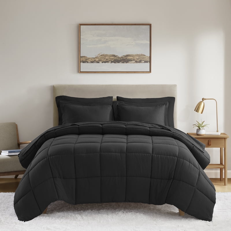 Queen Reversible Down Alternative Bed-in-a-Bag Set - Black, 7 Pieces