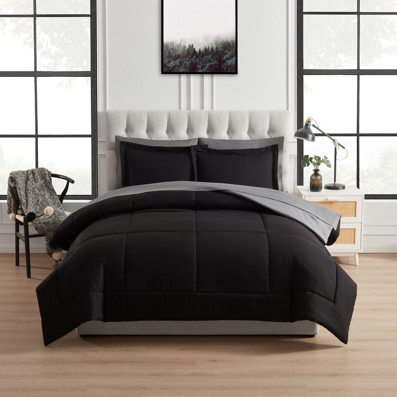 Mainstays Reversible Comforter and Sheet Set - 7 Piece Full Black, Bed in a Bag