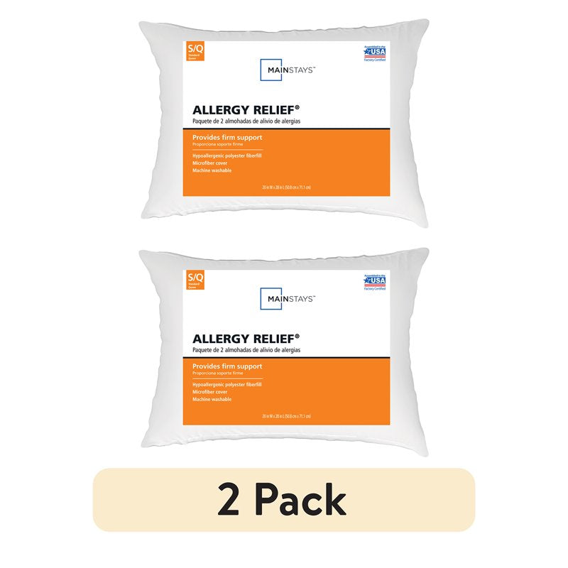Allergy Relief Bed Pillows - Firm Support, Hypoallergenic Microfiber Cover, Standard/Queen (2 Pack)