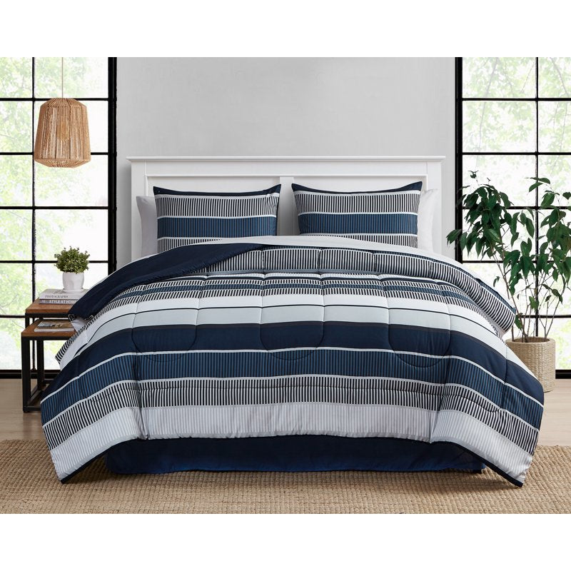 Mainstays Full Bed in a Bag Comforter Set with Sheets - Blue Stripe