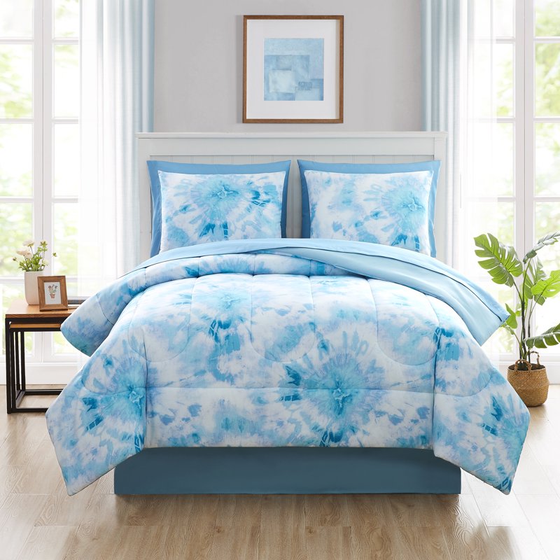 Mainstays Queen Blue Tie Dye Bed in a Bag Comforter Set with Sheets
