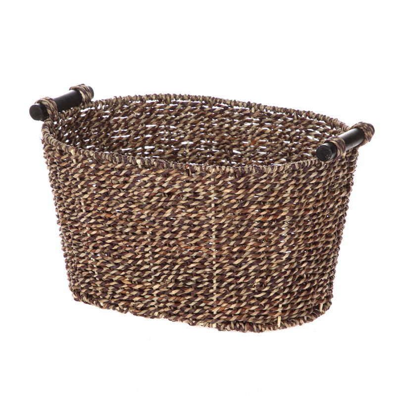 Single Oval Seagrass Storage Basket with Wooden Handles - Brown, 8.31x10x14.31 in