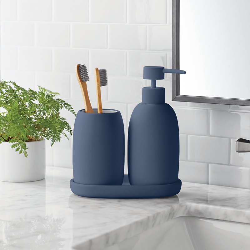Blue Ceramic Stoneware Bathroom Accessory Set with Soap Dispenser, Tumbler & Tray - Variation of THIS listing