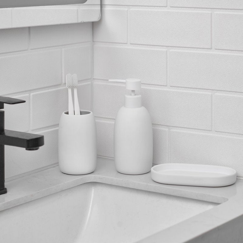 White Ceramic Bathroom Accessory Set - Soap Dispenser, Tumbler & Tray - Variation of THIS listing
