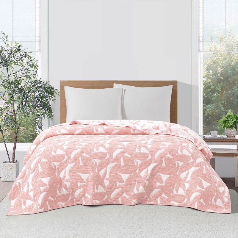 King Blush Pink Iris Leaf Stitched Quilt - Light Blue, 86x90 Inches, Polyester