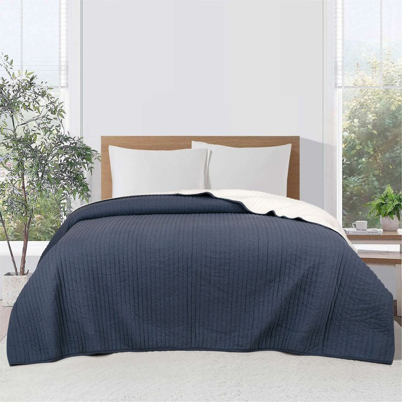Cotton-Rich Jersey Quilt for Full/Queen Bed - Reversible Indigo Blue
