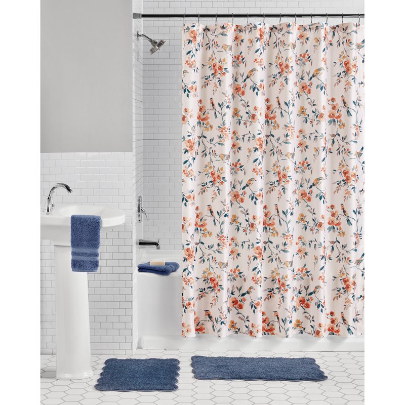 15-Piece Farmhouse Floral Bird Bathroom Set with Shower Curtain and Rugs